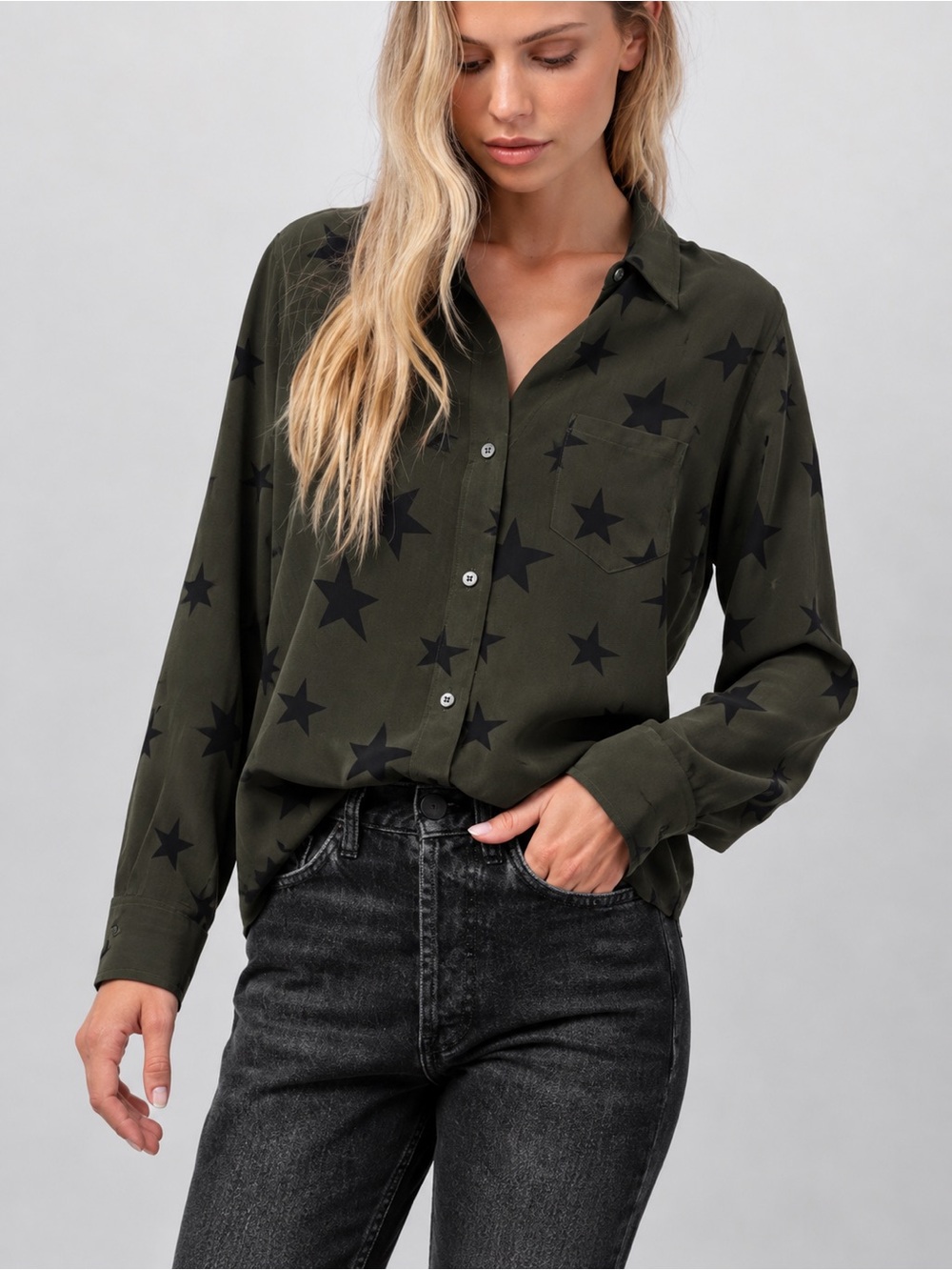 RAILS | Kate Star Button-down 100% Silk Blouse in Olive Green/Black, Size Medium